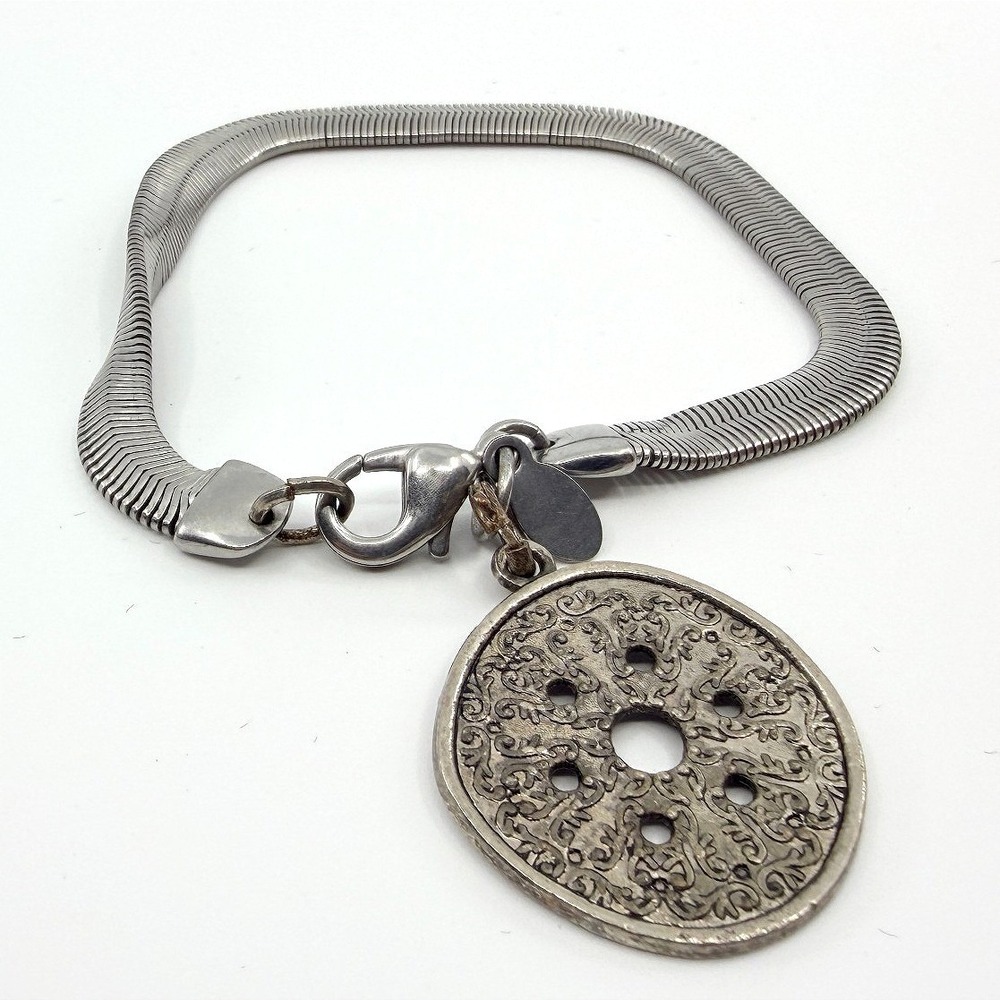 Vintage Silver Tone Herringbone Chain Bracelet Filigree Medallion Charm Coin 90s